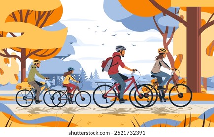 Família bicicleta ao ar livre atividade outono parque árvores paisagem colorida pássaros céu site banner