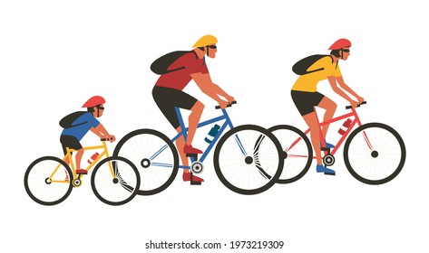 Family Biking Sport Activity flat color vector. Mom, dad, son ride bicycles catoon design element isolated. Family together active sport lifestyle concept. Father, mother, kid bicycling illustration