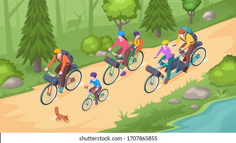 Family Biking Tourism, Bike Travel And Bicycle Outdoor Adventure, Vector Isometric Illustration. Family On Bicycles Riding In Forest Park Or Mountain Road, Eco Tourism, Camping And Lifestyle Activity