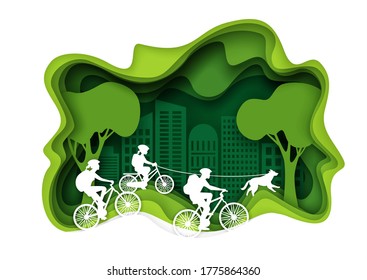 Family biking, vector layered paper cut style illustration. Happy family with backpacks riding bicycles, enjoying outdoor walking. Biking tourism, active weekend concept for poster, banner etc.