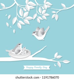 Family bird vector illustration paper art style, paper cut illustration