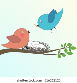 Family of birds in anticipation of a miracle. Vector