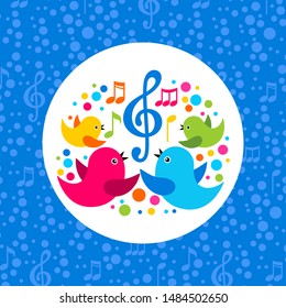 A family of birds around a treble clef with colored elements.