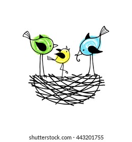 Family birds in a nest, the parents feed their nestling. Vector illustration.