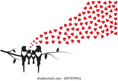 Family birds on branch. Birds silhouettes on branch with hearts illustration isolated on white background, vector. Wall decals, artwork, art design. Symbol of family love