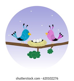 Family of birds over the nest with eggs. Sweet family concept illustration. Vector