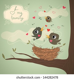 Family of birds over the nest with notes, hearts and decorative frame, illustration