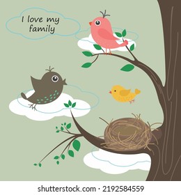 Family of birds over the nest with notes, hearts and decorative frame.