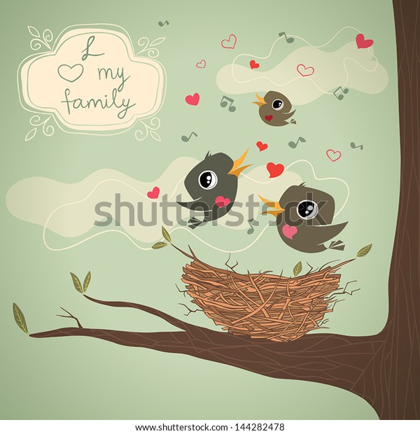Family of birds over the nest with notes, hearts and decorative frame, illustration.