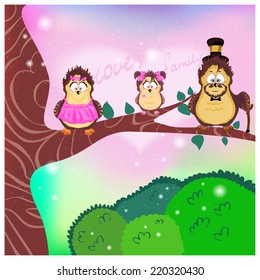 The family of birds owls, father, mother and daughter sitting on a tree branch above the green grass in the fairy forest