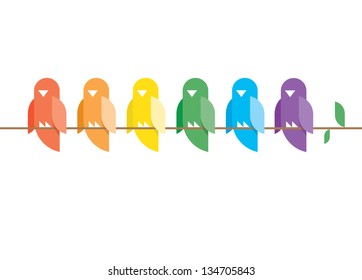 Family of birds in rainbow colors sitting on a tree branch with green leaves. Stylish design illustration with copy space for your text.