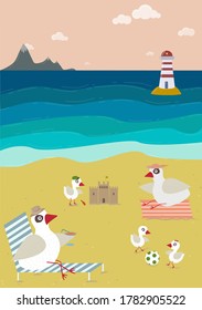 A family of birds resting on the beach by the sea by the lighthouse in warm colors