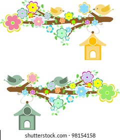 Family of birds sitting on a branch with birdhouses