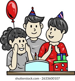 Family Birthday Celebration with Cake and Balloon