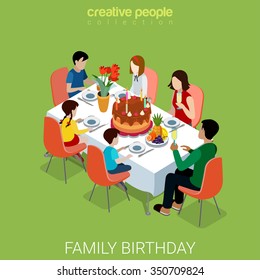 Family Birthday Celebration Dinner Flat 3d Isometry Isometric Concept Web Infographics Vector Illustration. Creative Winter Holidays