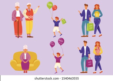 Family birthday party flat vector illustrations set. Grandpa, grandma happy anniversary day. Adult children and grandson congratulate grandparents isolated cartoon characters