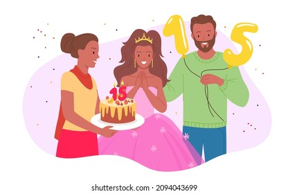 Family birthday party vector illustration. Cartoon mom giving cake with candles and number 15 to happy girl in pink princess dress and crown, dad with confetti and balloons. Quinceanera concept