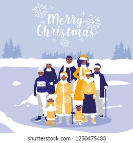 family black with clothes christmas in winter landscape