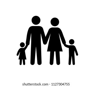 Family black silhouette icon, father and mother holding kids by hand, happy parents caring for kids, vector illustration isolated on white background