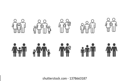 Family black silhouettes and outline icons set