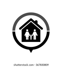 Family - black vector icon; map pointer;  message bubble