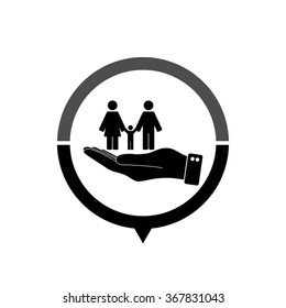 Family - black vector icon; map pointer;  message bubble
