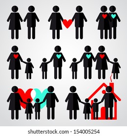 Family - Family black & white icon set with love and hearts