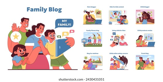 Family blog set. Captures diverse family moments and online interactions. People exploring internet. From motherhood chronicles to kids adventures. Digital parenting insights. Vector illustration