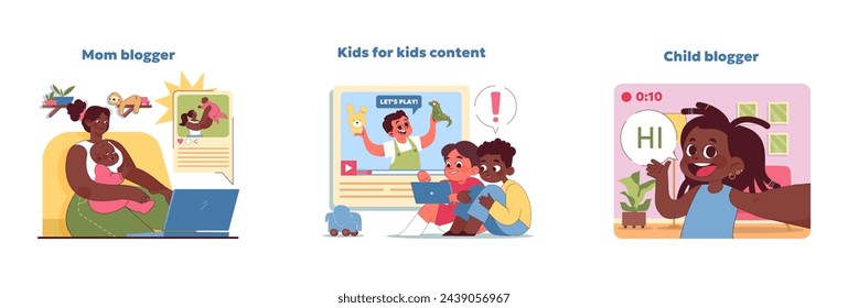 Family blog set. Captures diverse family moments and online interactions. People exploring internet. From motherhood chronicles to kids adventures. Digital parenting insights. Vector illustration