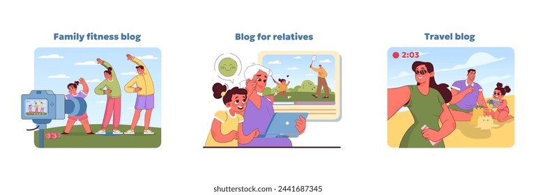 Family blog set. Highlights active family lifestyle, intergenerational connections, and travel joys. Showcases fitness routines, bonding with grandparents, and beach adventures. Vector illustration