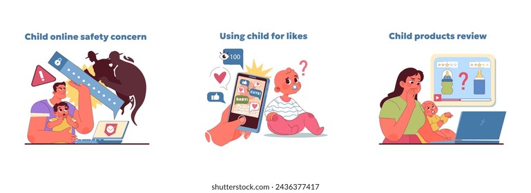 Family blog set. Tackles complexities of child online safety, social media ethics, and product reviews. People exploring internet. Addresses digital influence on parenting. Vector illustration