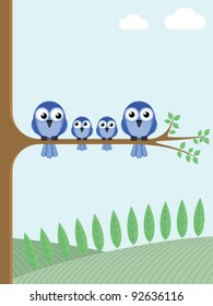 Family of blue birds sat on a tree branch