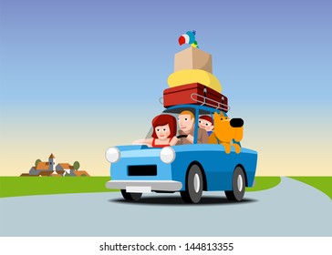 Family In A Blue Car Loaded With Luggage, Cartoon Illustration