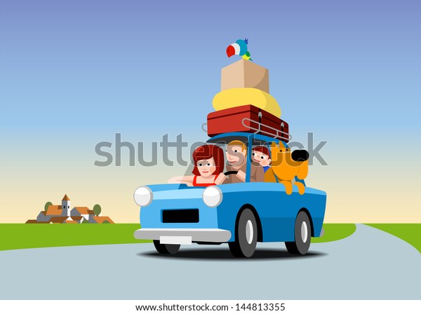 Family in a blue car loaded with luggage,
cartoon illustration