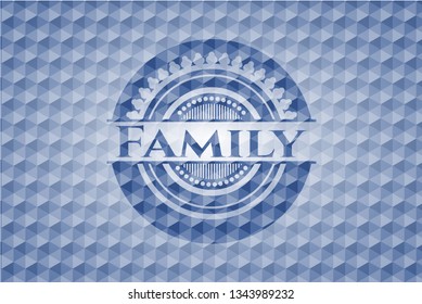 Family blue emblem with geometric pattern background.