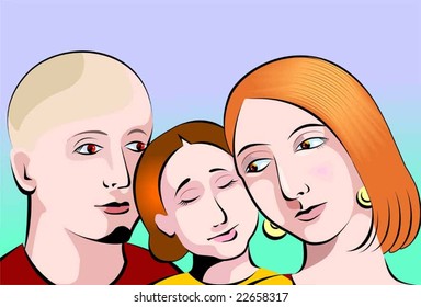  family in blue and green design background	