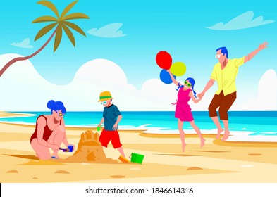 A family with blue hair enjoying a summer holiday on the beach. They wear sunglasses and play in the sand and near the water with balloons.