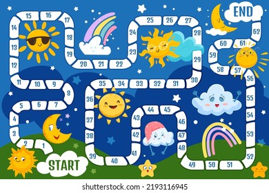 Family board game for children. Kids boardgame with cute weather elements on dark sky. Path, numbers and sun, moon, colorful rainbow, funny cloud and happy star on playing field vector illustration.