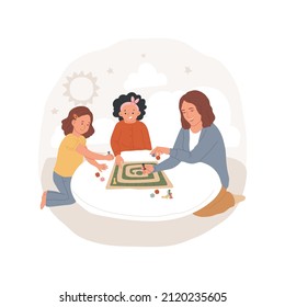 Family board games abstract concept vector illustration. Parents and children play tabletop game together, family fun, developmental game, early home education, thinking skill abstract metaphor.