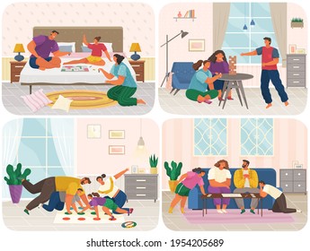 Family with board games at home set. Parents and children spend time in sitting-rooms together