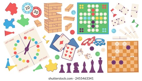 Juegos de mesa familiares. Ocio, reuniones amistosas o colección de juegos de fin de semana. Baraja de cartas, cubos y dominó, mahjong, Elementos de dibujos animados de Vector decente