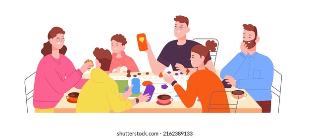 Juegos familiares de mesa. Jugar a casa en la mesa con tableros de dados, padres activos amigos jugando juegos divertidos niños, padre madre jugador, niño charla de beber té, imagen plana vectorial de mesa familiar jugando