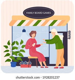 Family board games shop, awning with entertaining gaming, people sitting near store playing cards. Friends are relaxing together. Family members spend time with different table games resting outdoor