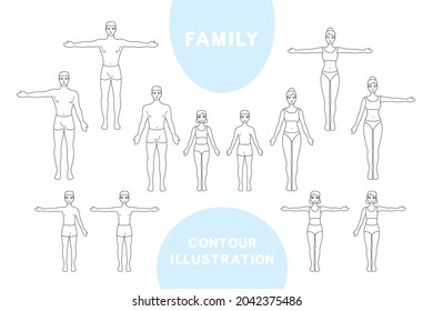 Family body anatomy contour illustration. A man, a woman, children a boy, and a girl. Outline human drawing. Line body silhouette. A vector cartoon illustration.