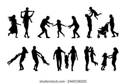 Family bonding activities spending leisure time together outdoors silhouette set.	