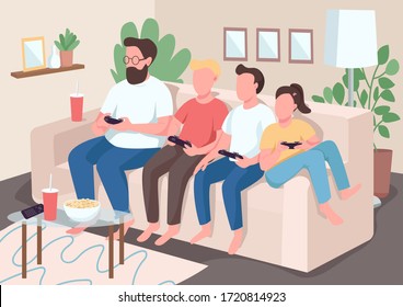 Family bonding flat color vector illustration. Children sit on couch with parents. Kids play videogames. Mom and dad with gamepads. Relatives 2D cartoon characters with interior on background