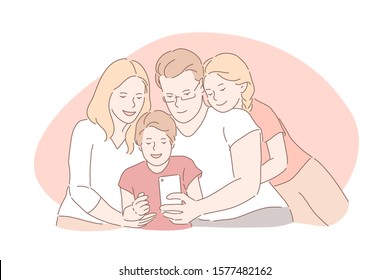 Family bonding, happy childhood, parenthood concept. Relatives taking selfie together, capturing important life moments, mother, father, daughter and son posing for group portrait. Simple flat vector