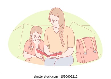 Family bonding, home education, happy motherhood concept. Young mom helping little daughter with homework, smiling mother and child reading book together, lady teaching little girl. Simple flat vector