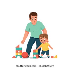 Family bonding moment – dad kneeling on floor teaching child with creative toys at home.