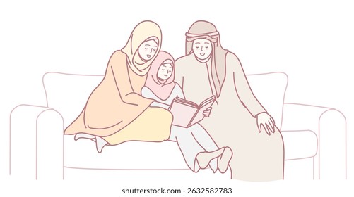 A family bonding moment unfolds as they sit on a cozy sofa, reading a book that highlights their togetherness